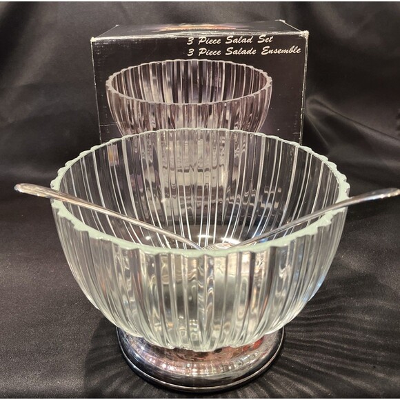 VTG Godinger 3 PC Salad Set Silver plated Crystal Glass Bowl 2 Serving Utensils - Picture 1 of 15